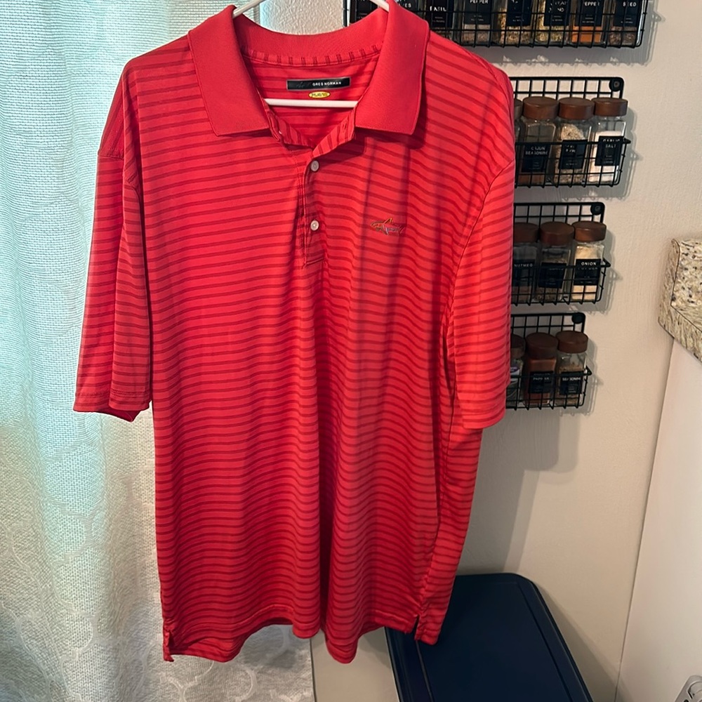 Red striped golf polo.